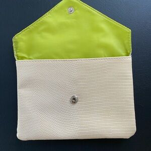 ipsy Cream Lizard-Texture Clutch with Lime Green Lining